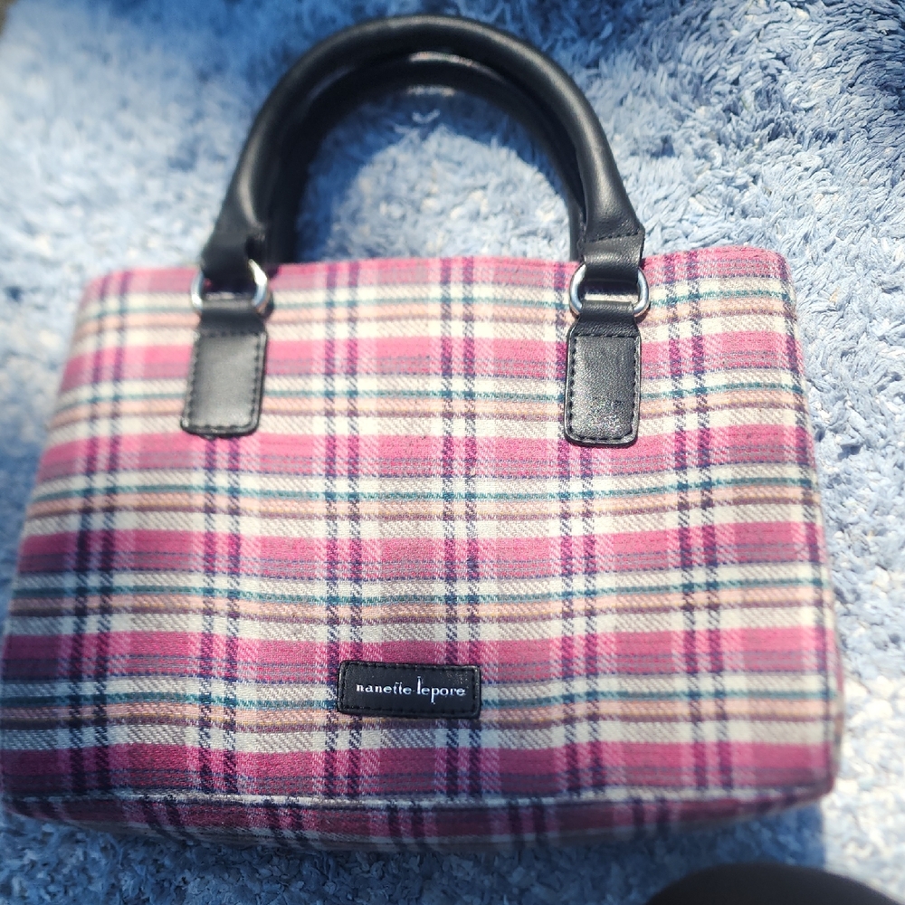 Nanette Lepore Pink and Black Plaid Satchel